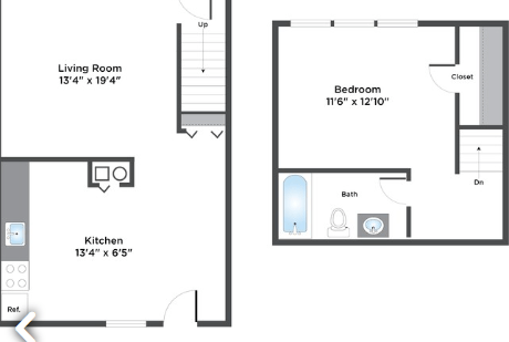 Floor plan for 1 bed, 1 bath, 606 sqft